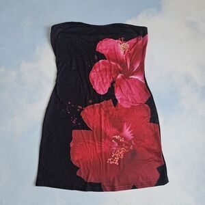 Hibiscus Flower Dress Black & Red Floral Strapless Dress Bodycon Dress Beach